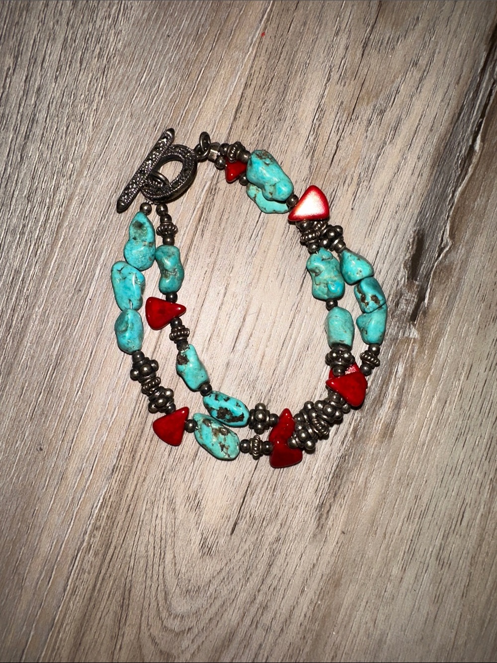 Turquoise and Red coral Beaded Bracelet